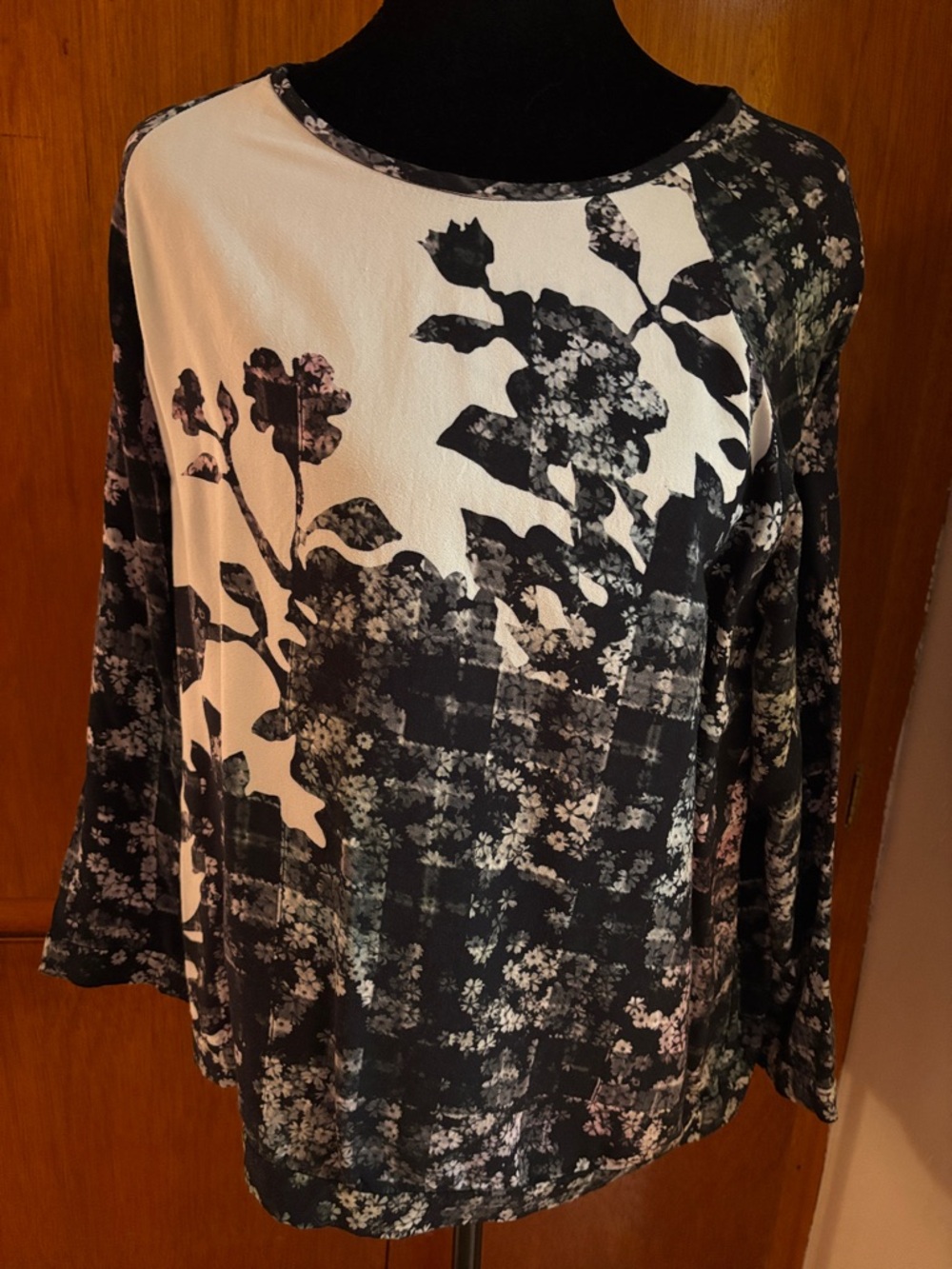 Tibi Floral Contrast 3/4 Sleeve Women's Top - Black & White SZ L